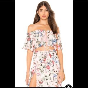 MINKPINK Anthro Boho Floral Off-Shoulder Crop Top High Slit Maxi Skirt Set XS